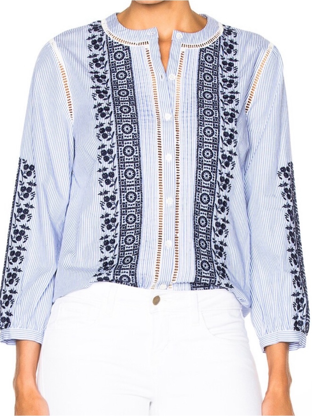 Veronica Beard Claire Light Blue Striped Blouse with Navy Embroidery Size 6
